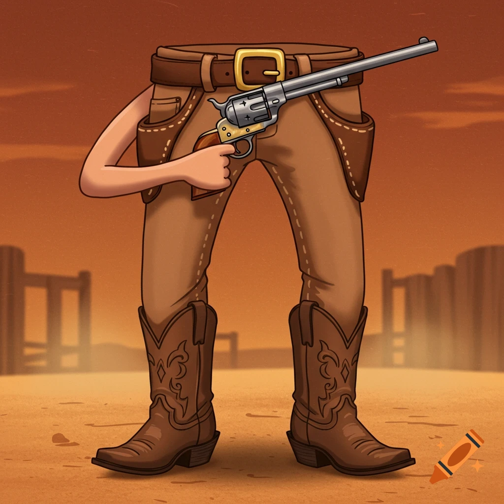Cartoon cowboy pants and boots with arms holding a revolver in a desert.