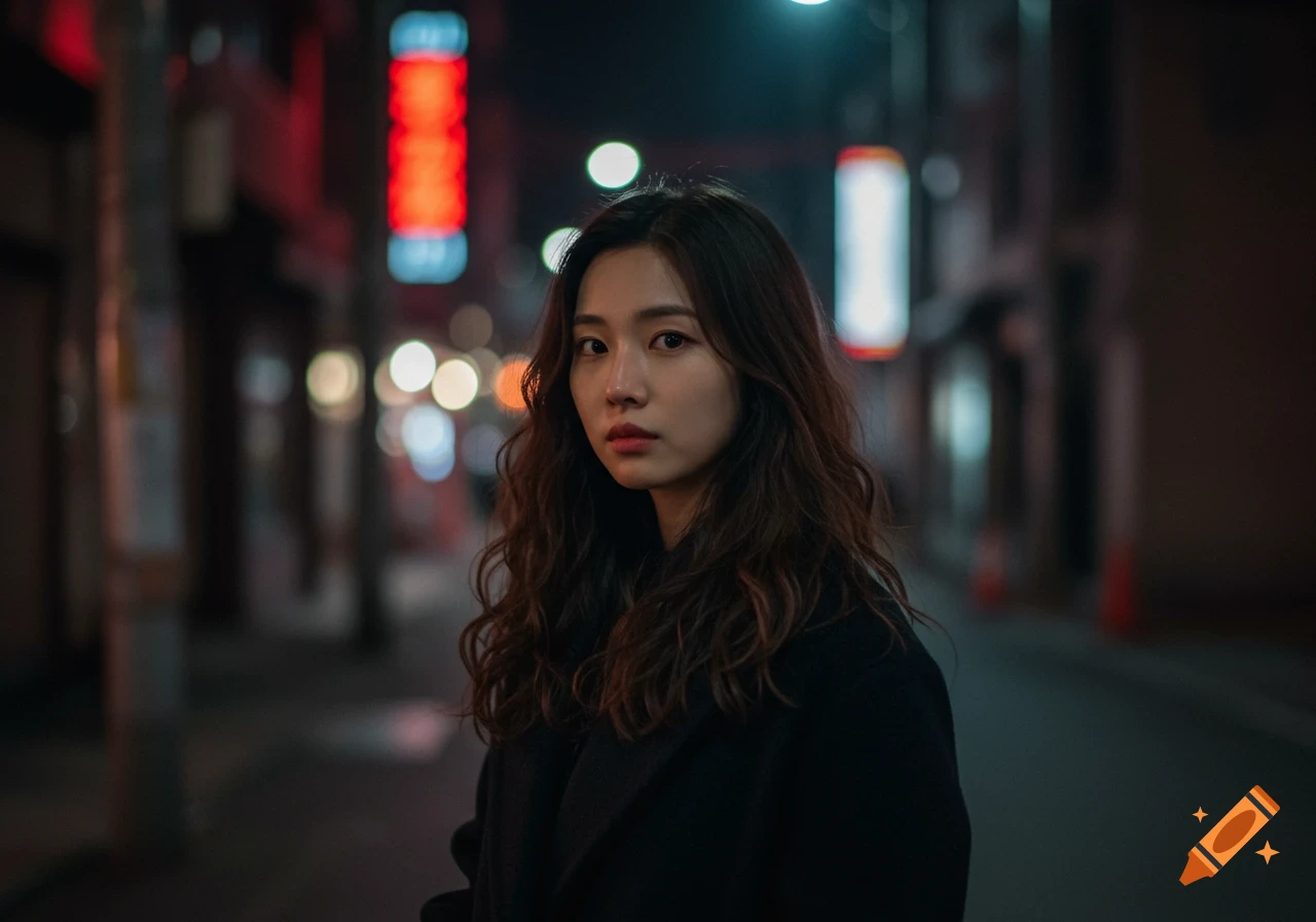 Photorealistic portrait of a thoughtful young East Asian woman standing on a dimly lit urban street at night, with blurred neon signs in the background.