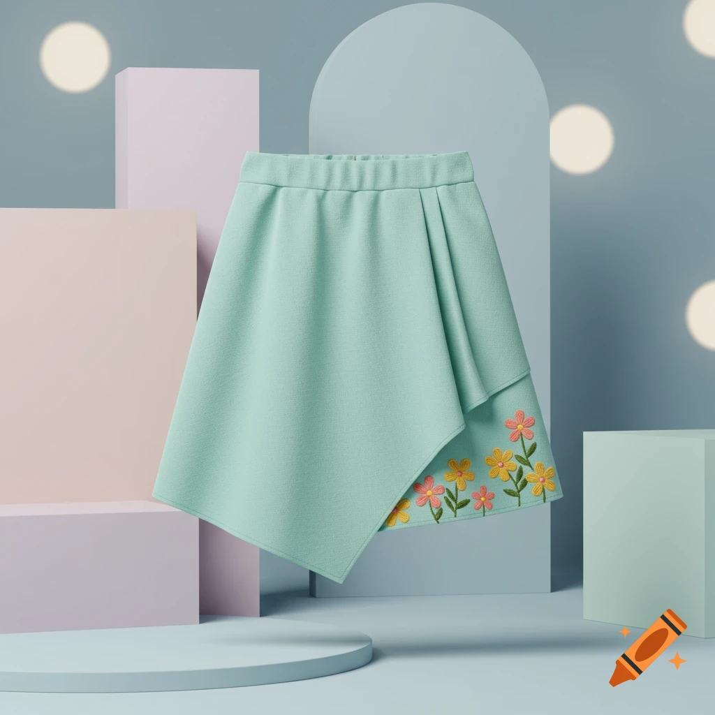 A mint green asymmetric skirt with pink and yellow floral embroidery displayed on a pastel geometric background.