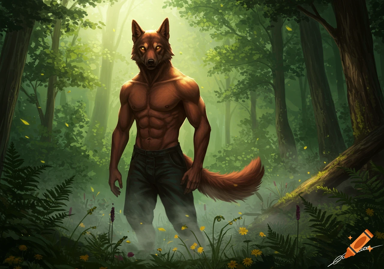 A muscular anthropomorphic dogman with golden eyes stands shirtless in a misty, sunlit forest, wearing dark pants.