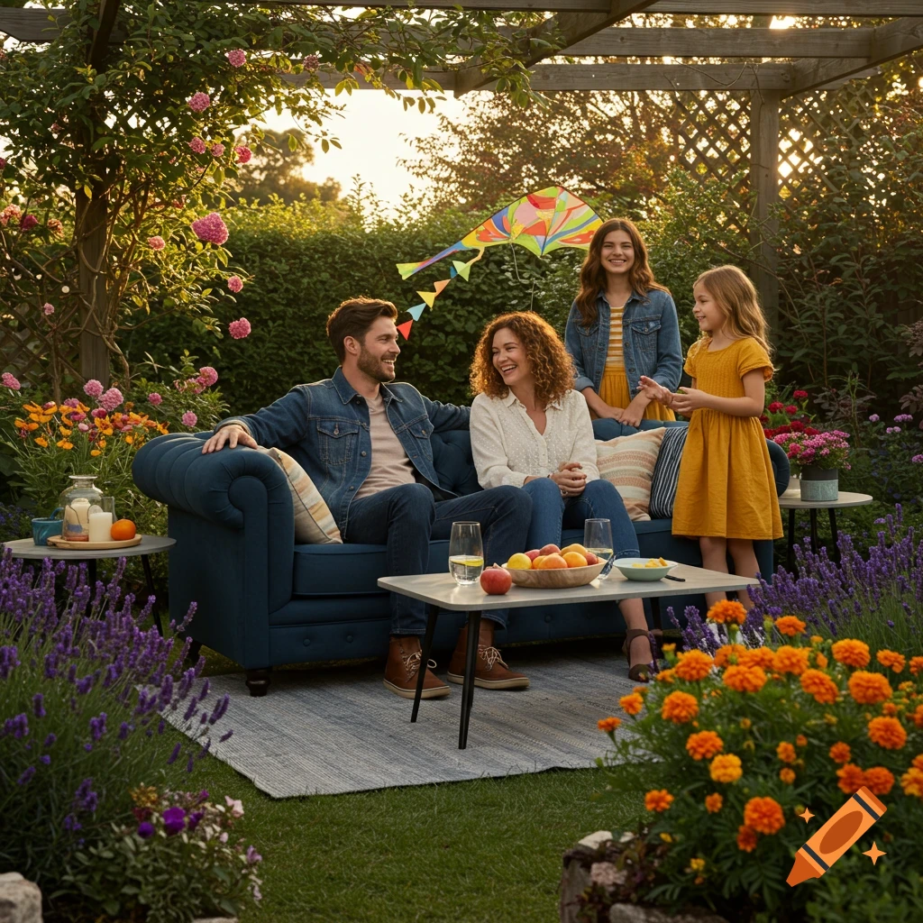 A family of four sits on a blue couch in a sunny, flower-filled garden, with two girls standing nearby. Photorealistic.
