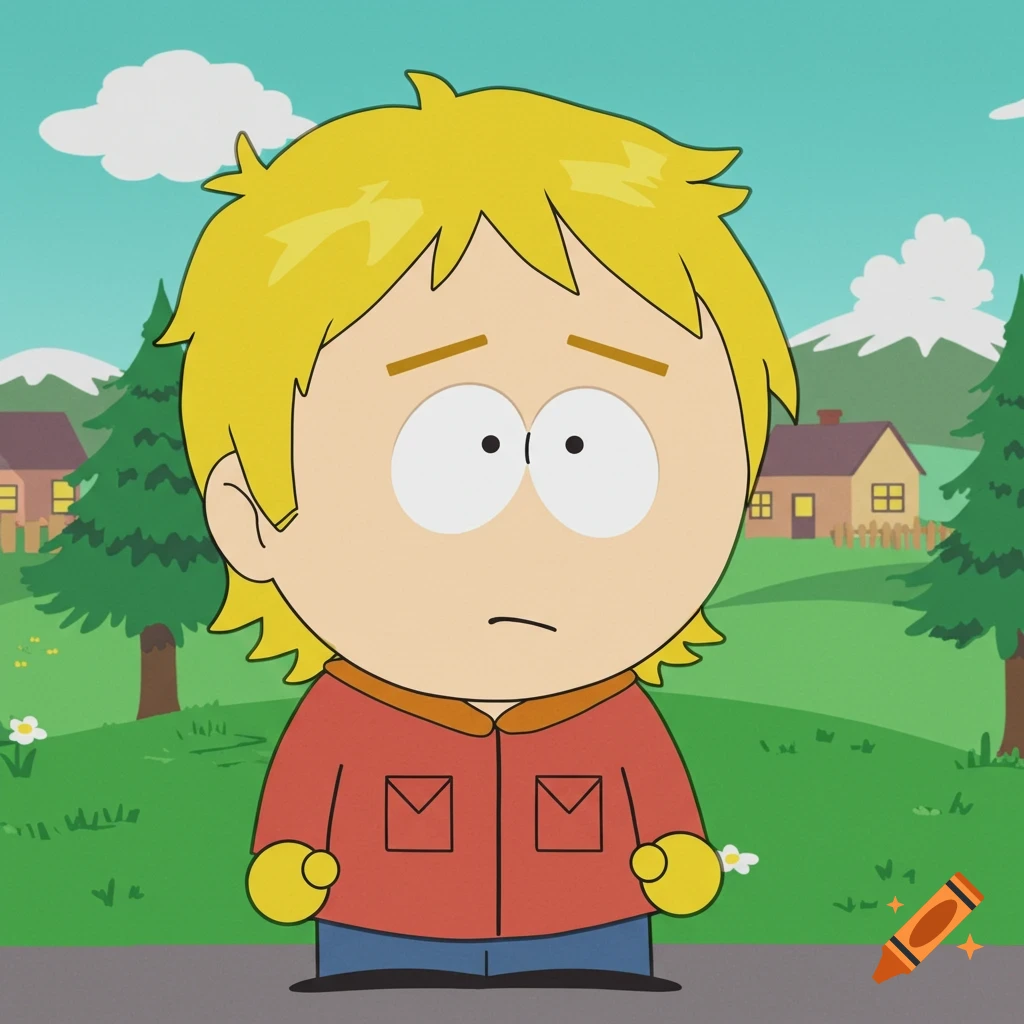 A worried-looking blonde boy in South Park 2D animation style, standing outdoors with houses and trees in the background.