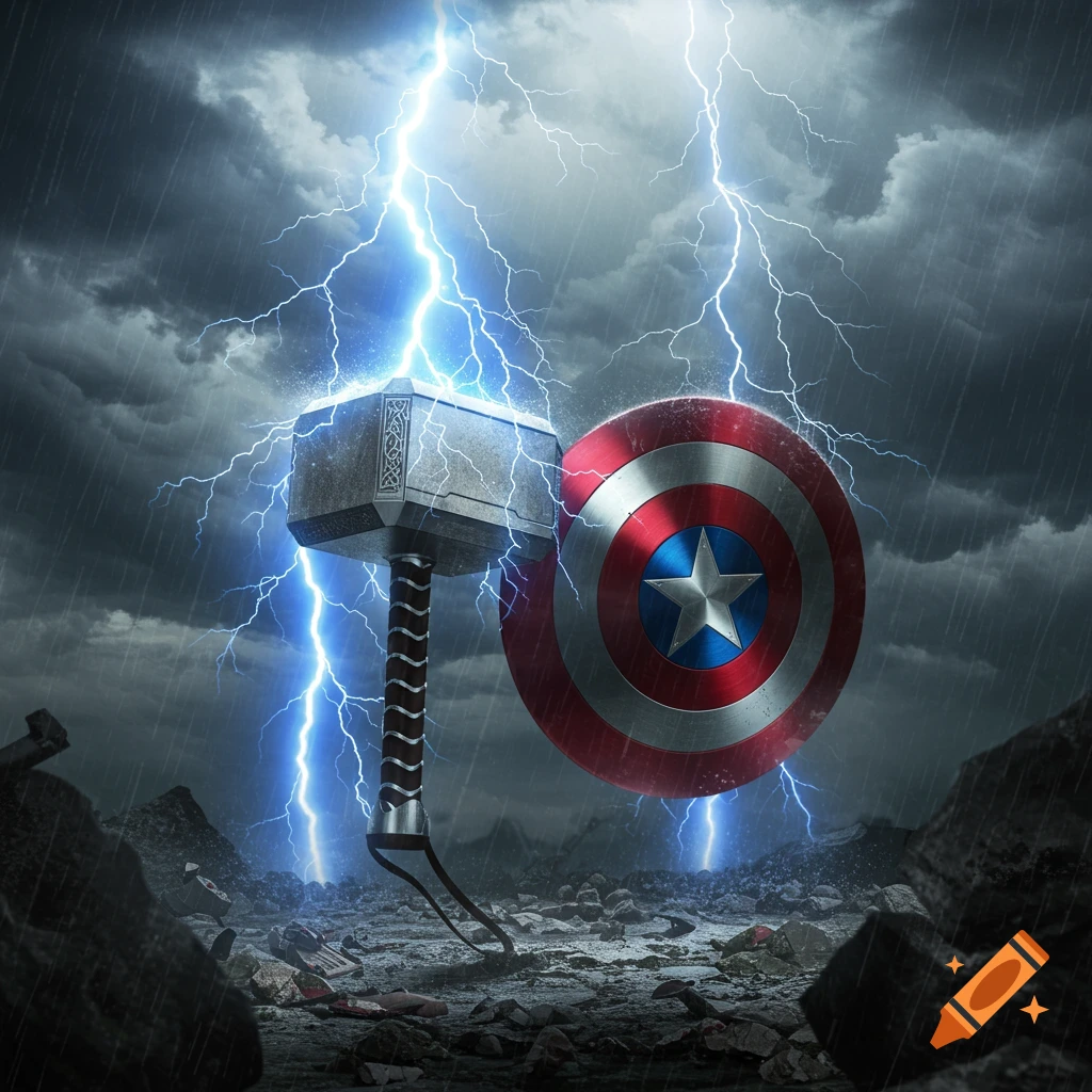 Mjolnir and Captain America's shield stand in a stormy, rubble-strewn landscape with bright lightning flashes and rain. Photorealistic.