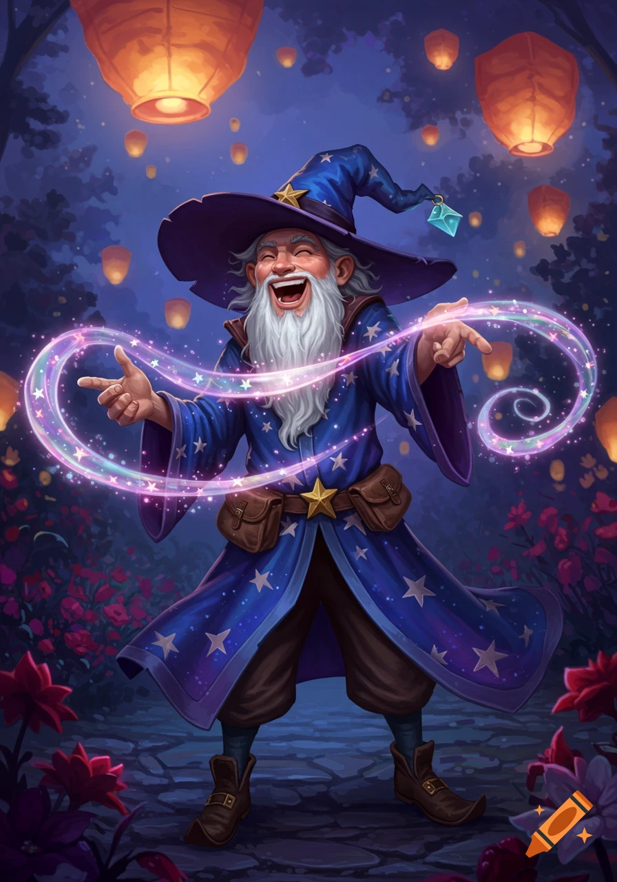 A laughing wizard in a blue star-spangled robe casts a magic spell, surrounded by glowing lanterns in an enchanted forest.