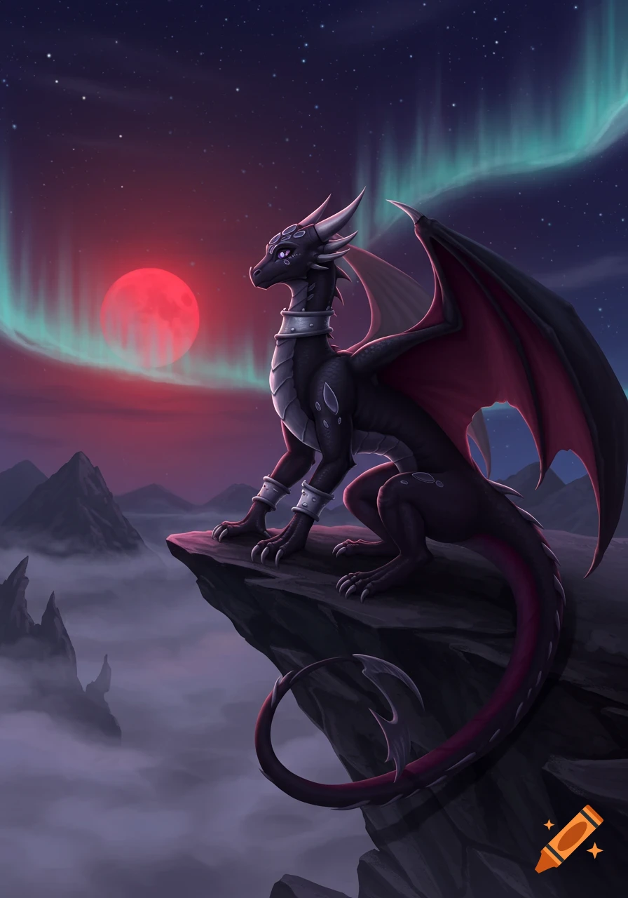 A black dragon with red wings sits on a cliff overlooking misty mountains under a starry night sky with a red moon and green aurora borealis.