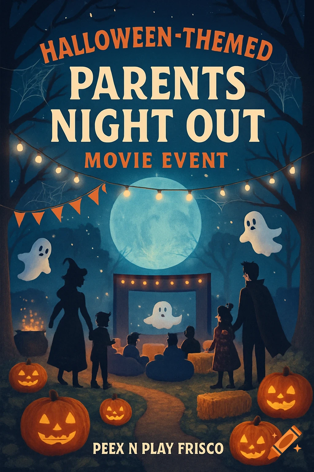 Illustration of a Halloween outdoor movie event with silhouetted families, jack-o'-lanterns, and ghosts under a full moon.
