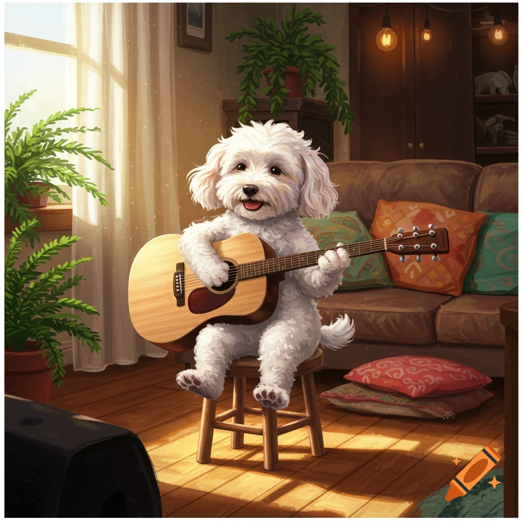 A cute white cockapoo dog sitting on a stool, playing an acoustic guitar in a sunlit living room, digital art.