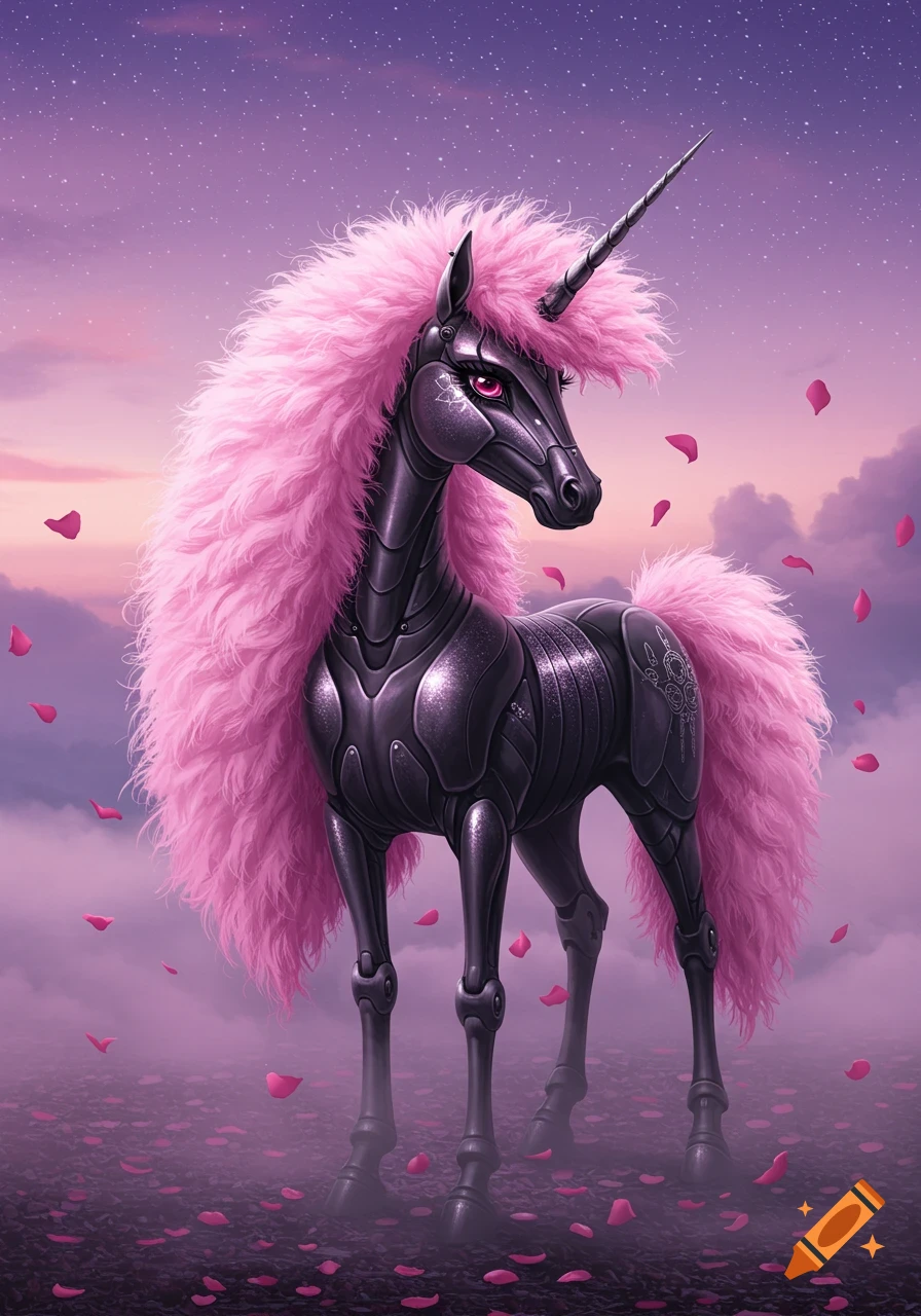 Dark mechanical unicorn with a fluffy pink mane and tail stands in a field of rose petals under a starry purple sky.