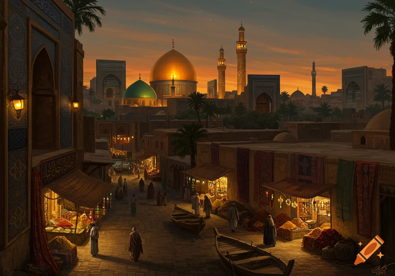 An ornate Middle Eastern city street at sunset, with a bustling marketplace, people, boats, and mosques with golden and green domes.