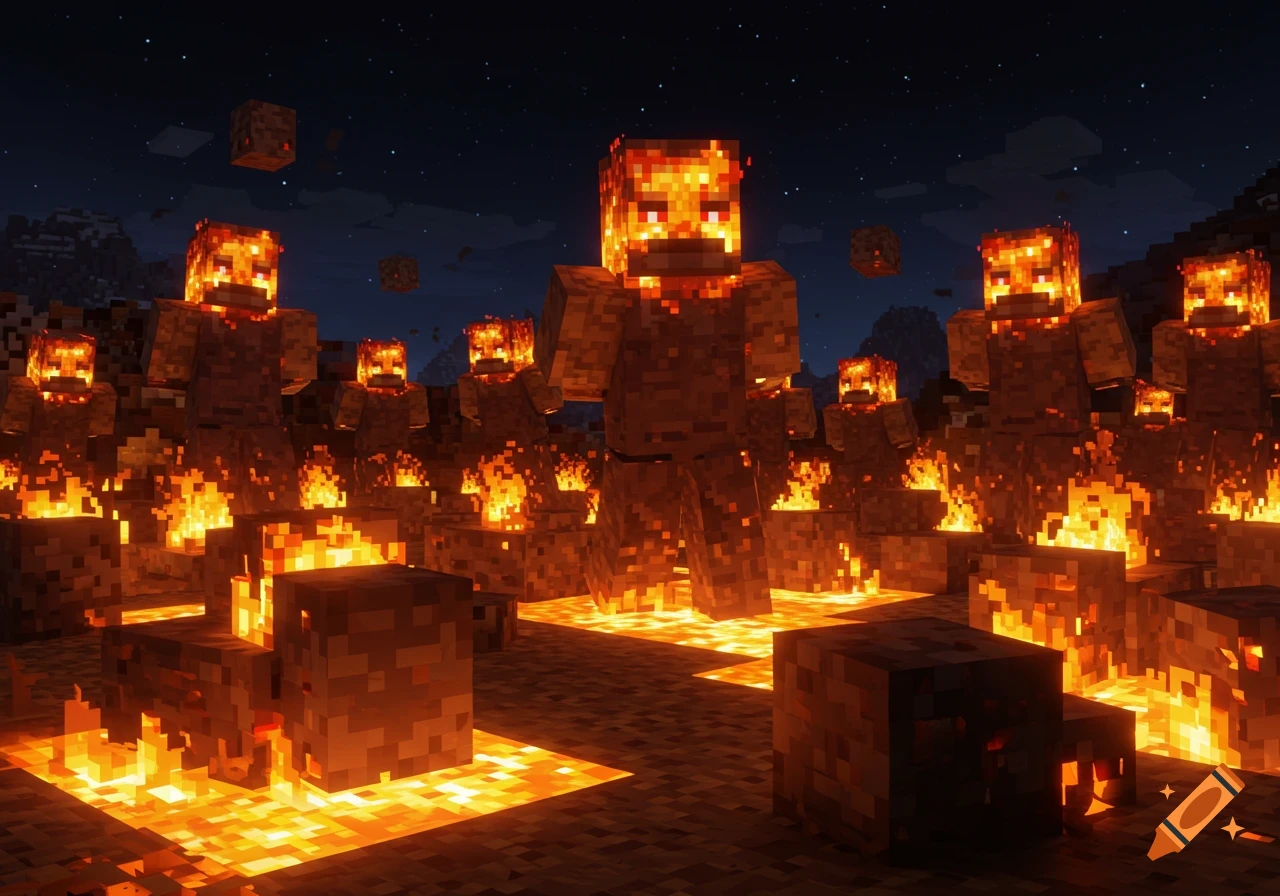 A group of pixelated Minecraft fire mobs with glowing red eyes stand amidst flames and lava at night.