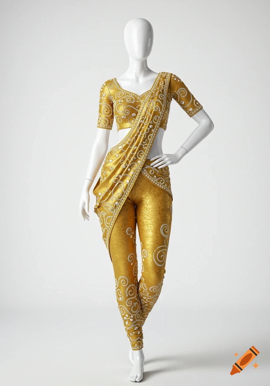 A white mannequin wears a gold bansari sari blouse and bharatanatyam capri bottoms with white-gold embroidery on a white background.