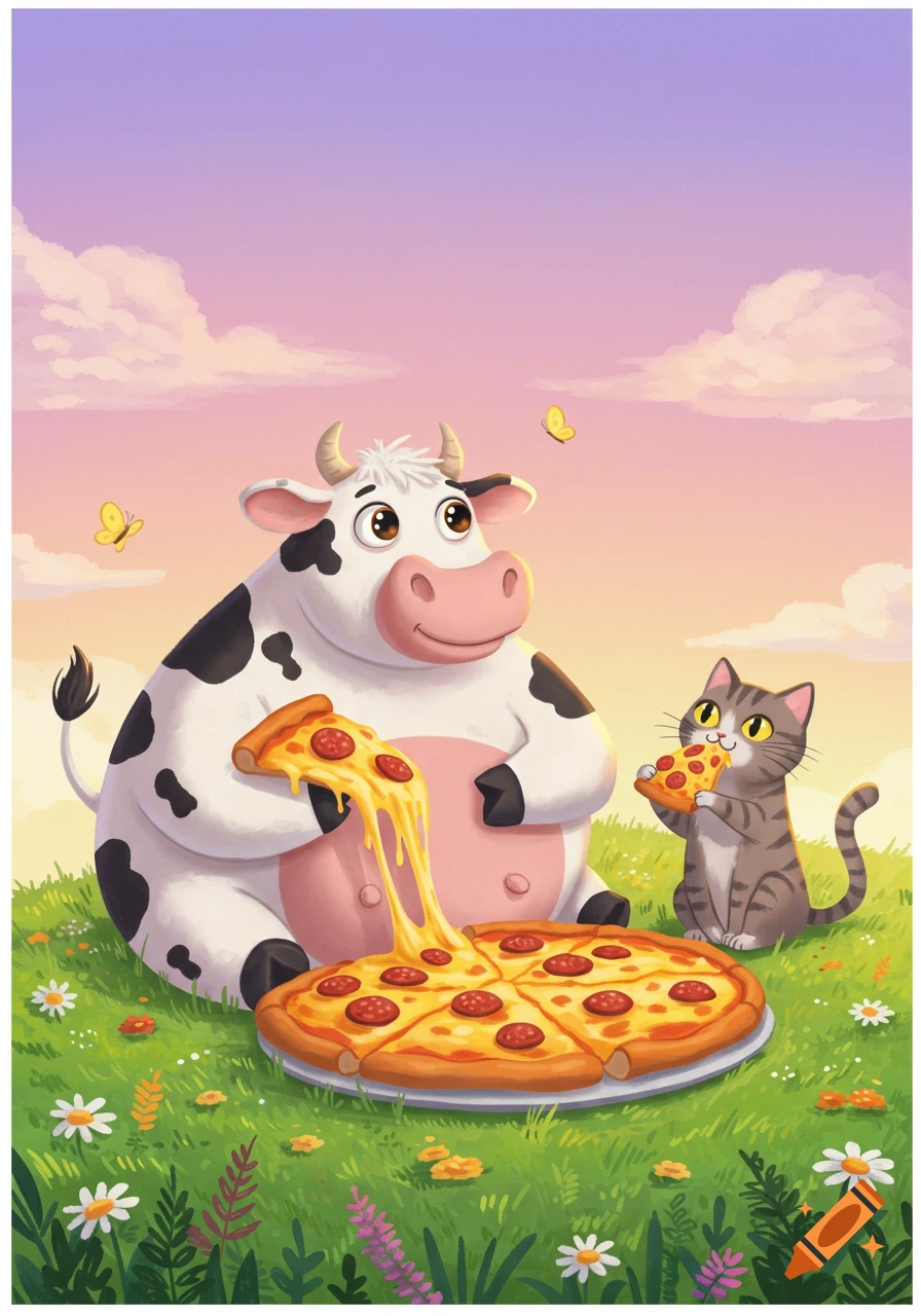 A cartoon cow and a striped cat sit in a grassy field with flowers, eating pizza under a pastel sky with butterflies.