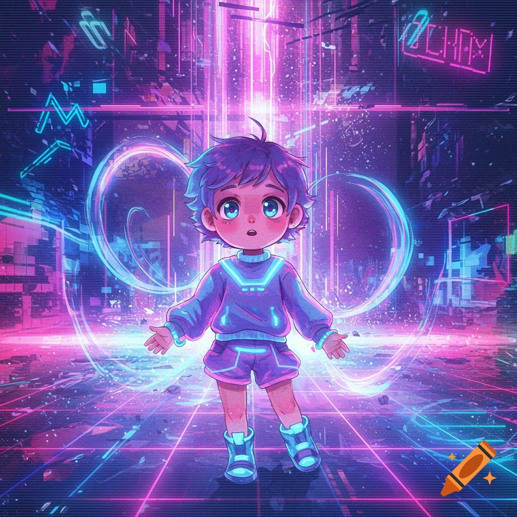 A blue-haired anime child with wide eyes stands in a vibrant neon vaporwave city with glowing pink and blue lights.