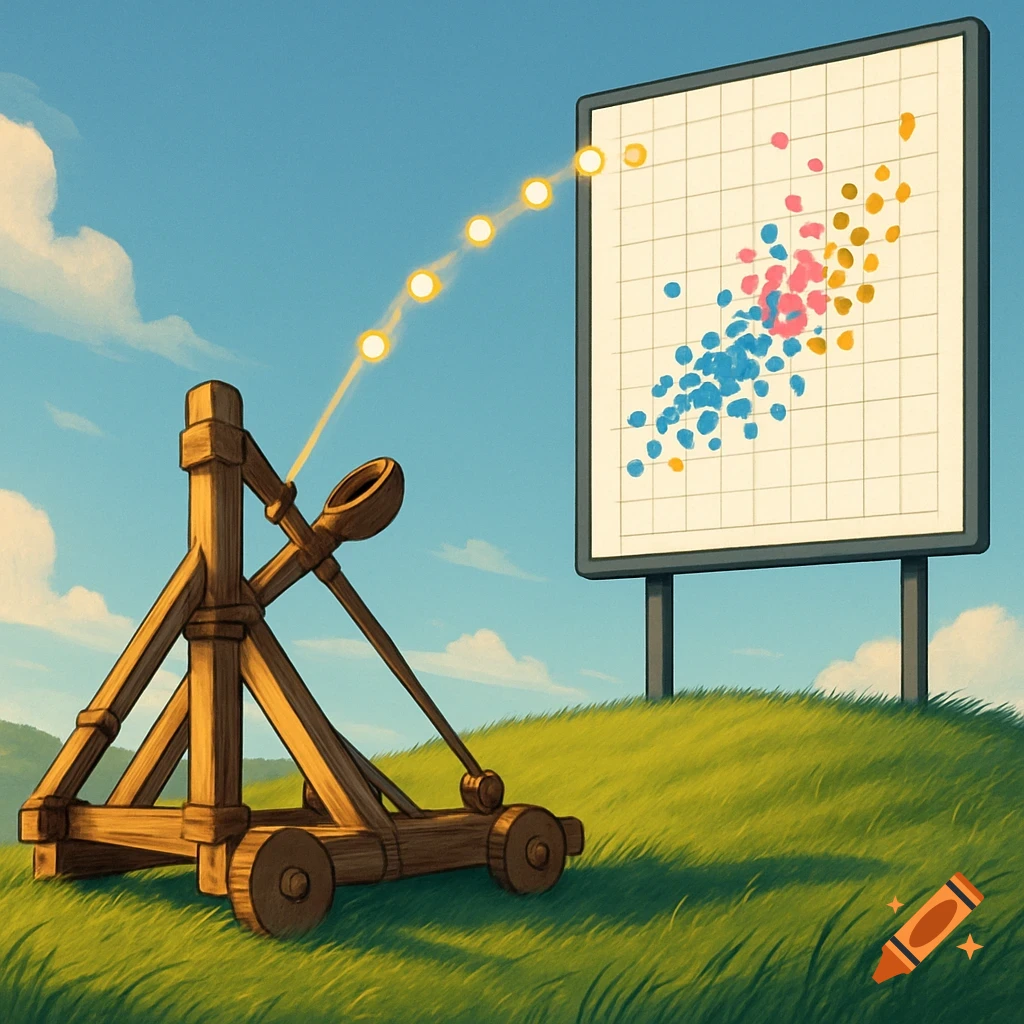 A cartoon-style catapult on a grassy hill launches glowing dots towards a large billboard displaying a colorful scatterplot against a blue sky.