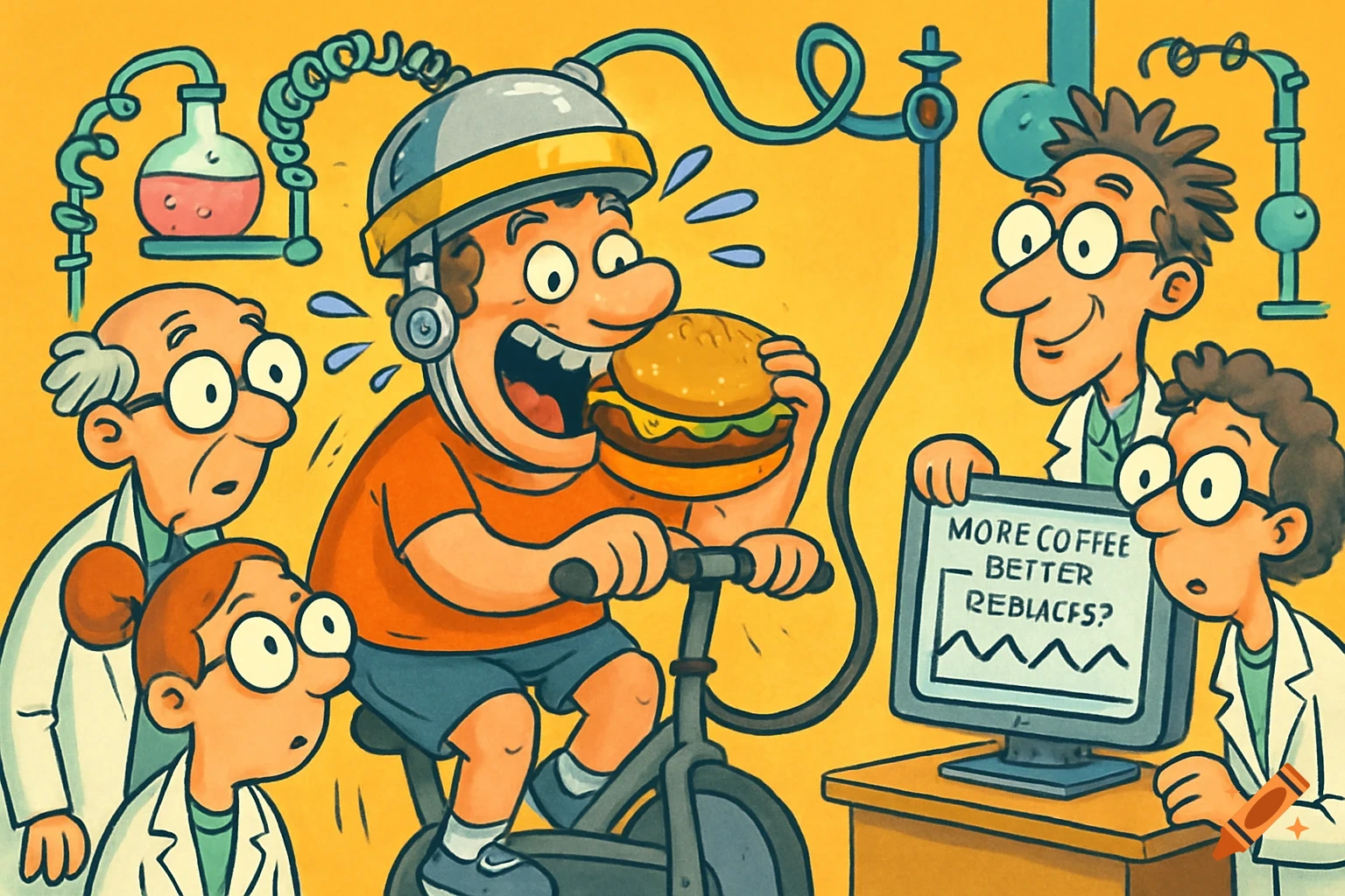 Humorous cartoon of scientists observing a man in a lab helmet eating a burger on an exercise bike, a computer shows a garbled graph.
