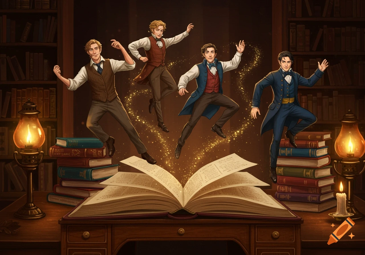 Four animated men in elegant attire leap around a magical open book on a desk in a library, glowing dust swirling.
