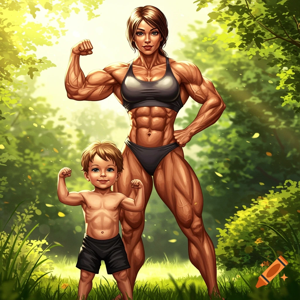 A muscular woman and a young boy flex their biceps in a sunny forest, stylized illustration.