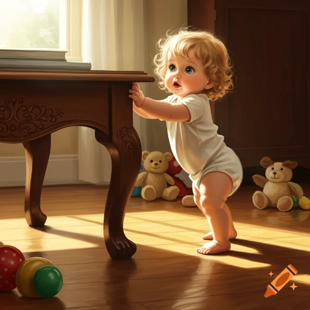 An illustrated baby with blonde curly hair learns to stand by holding a wooden table in a sunny room with teddy bears.