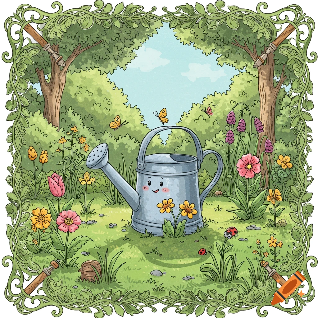 A cute, smiling watering can sits in a vibrant cartoon garden filled with colorful flowers, butterflies, and ladybugs, framed by leafy vines.