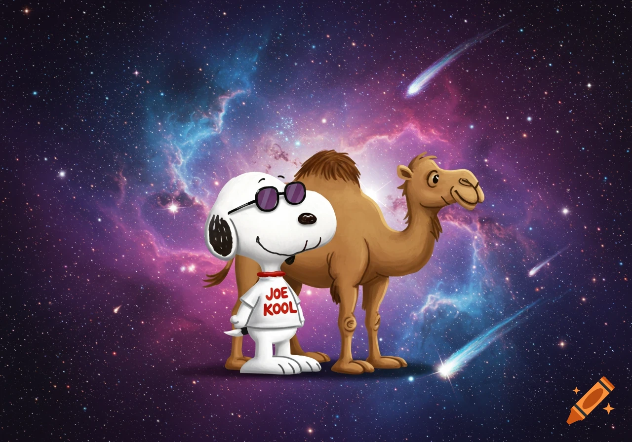 Cartoon Snoopy in a 'Joe Kool' shirt stands next to a camel against a vibrant starry space background with nebulae and shooting stars.