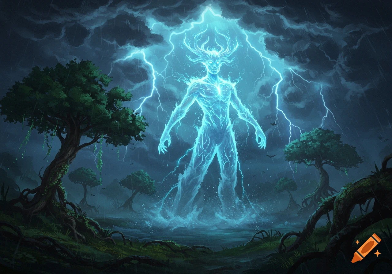 A glowing blue storm lord figure with antlers stands in a dark, rainy forest with lightning striking around it.