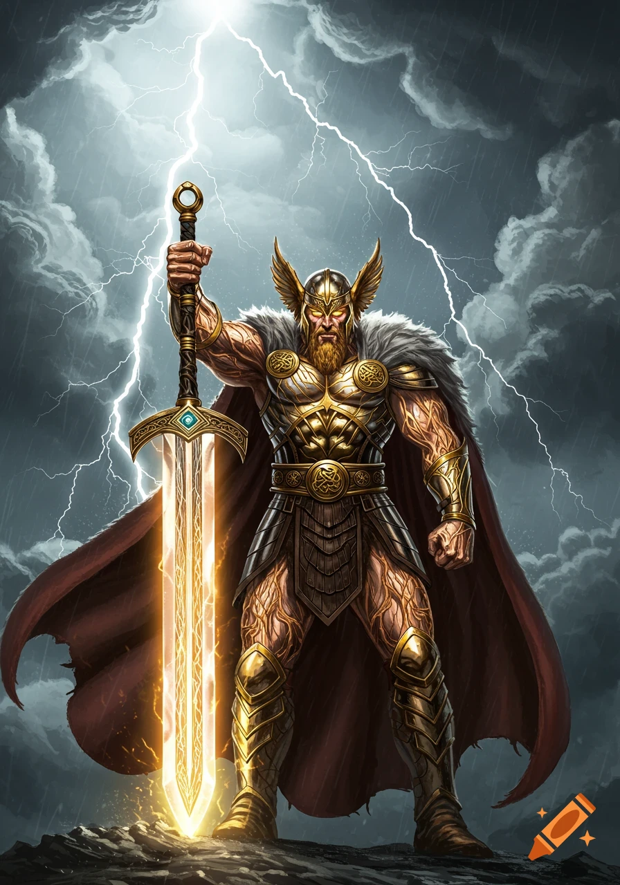 Muscular Norse god-like superhero in golden armor, holding a glowing sword upwards against a stormy sky with lightning.