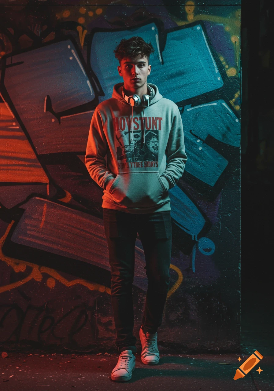 A young man with headphones around his neck stands in front of a graffiti-covered wall, lit by red and blue lights.
