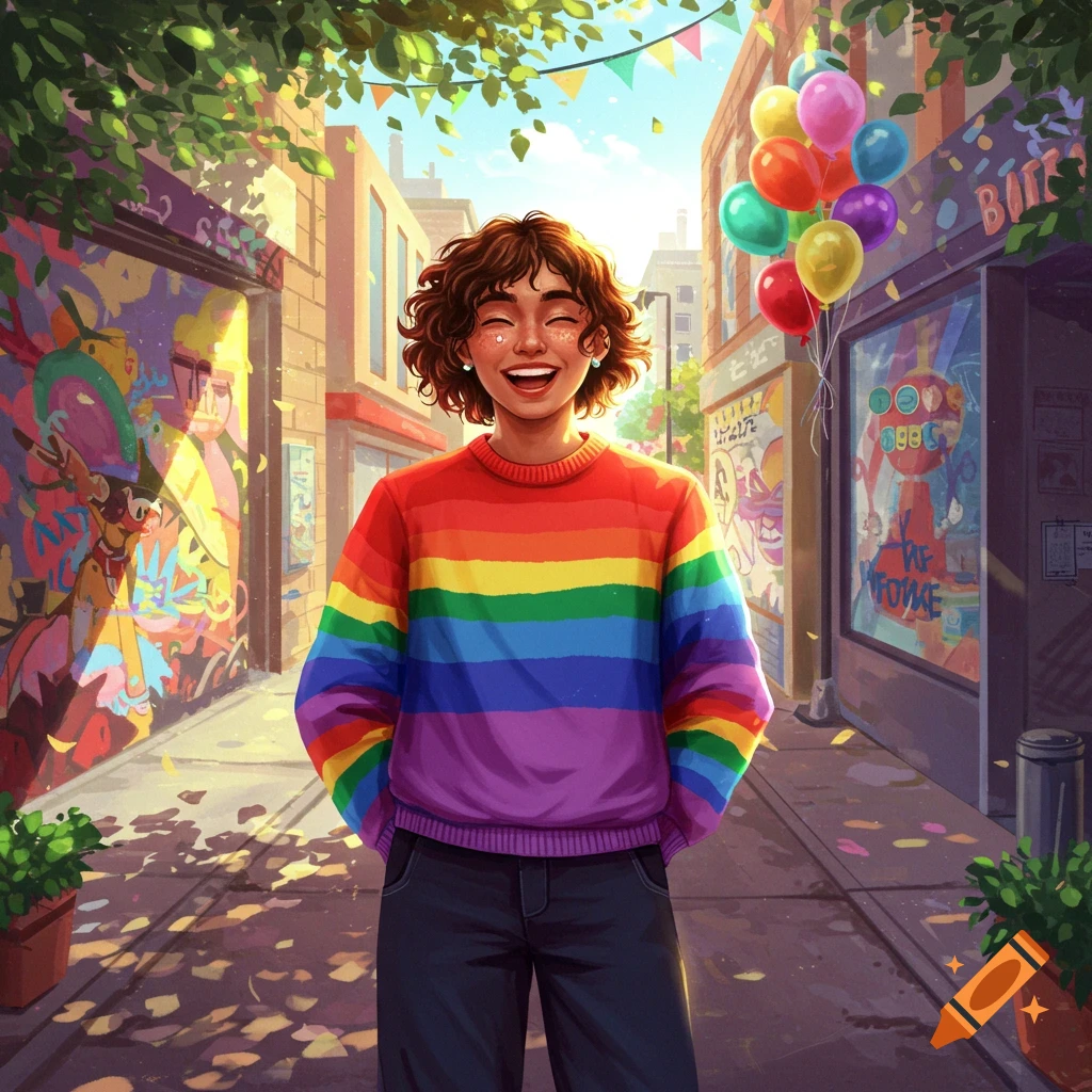 A happy person with short curly hair wears a rainbow sweater, smiling in a colorful, sunlit street with graffiti and balloons.