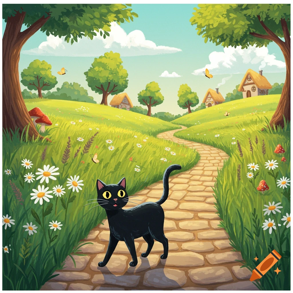 A cartoon black cat with yellow eyes walks on a stone path through a bright green, hilly landscape with houses and wildflowers.