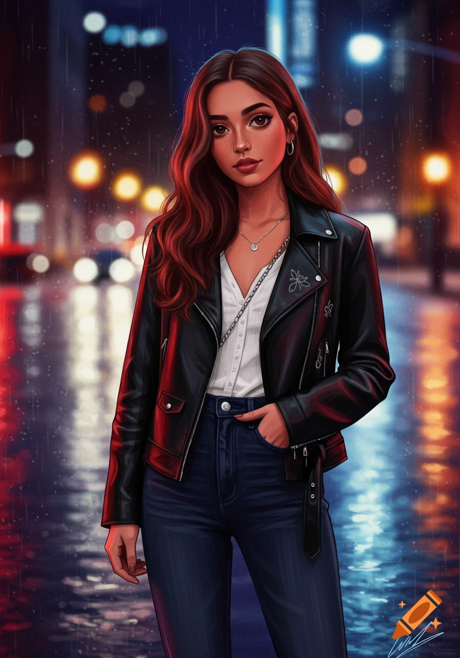 Illustrated portrait of a young woman with long red hair in a black leather jacket and jeans on a rainy city street at night.