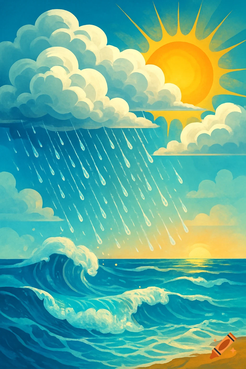 Stylized illustration of the water cycle with rain falling from clouds into the ocean, bright sun, and waves on a sandy beach.