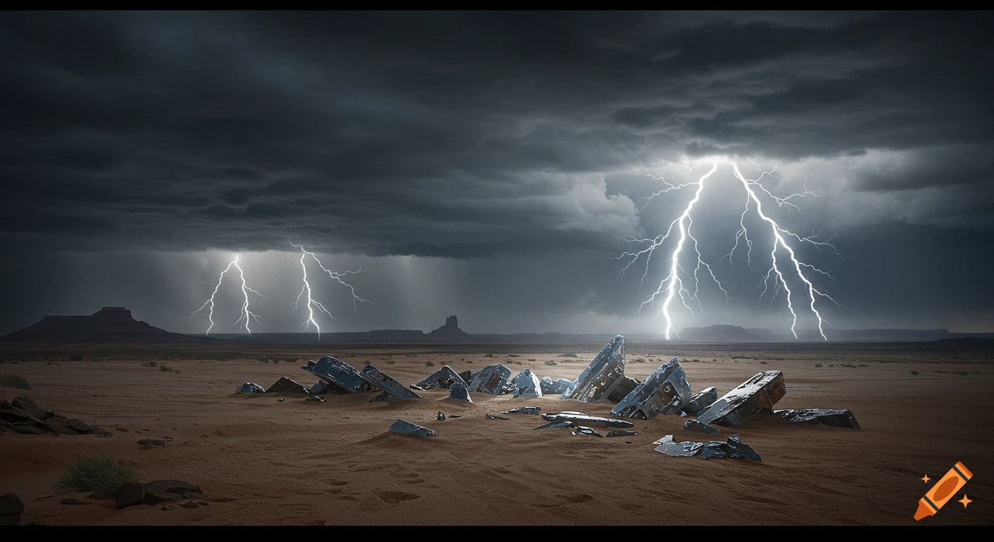 A photorealistic New Mexico desert landscape during a stormy night, with lightning strikes and metallic debris.