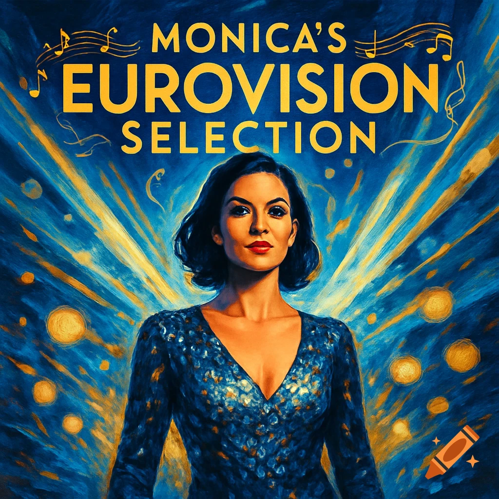 Painterly album cover for 'Monica's Eurovision Selection' featuring a woman against a radiating blue and gold background.