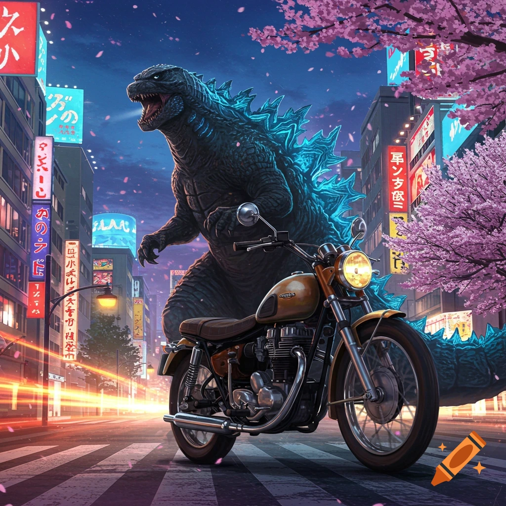 Godzilla stands behind a vintage motorcycle on a Tokyo street at night, with neon signs and cherry blossoms. Anime style.