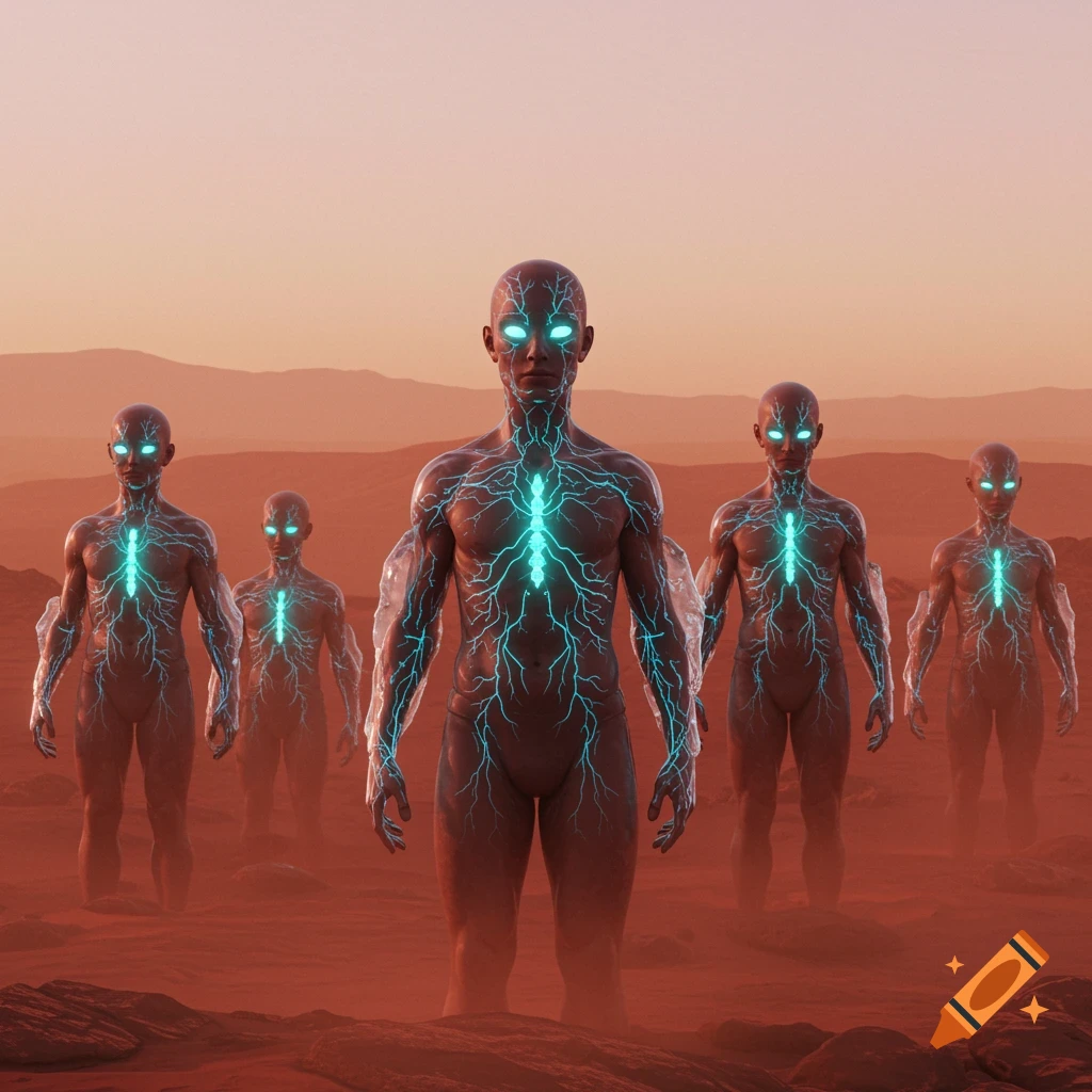 Five humanoid figures with glowing blue internal structures and eyes stand on a red, dusty Martian landscape under an orange sky.