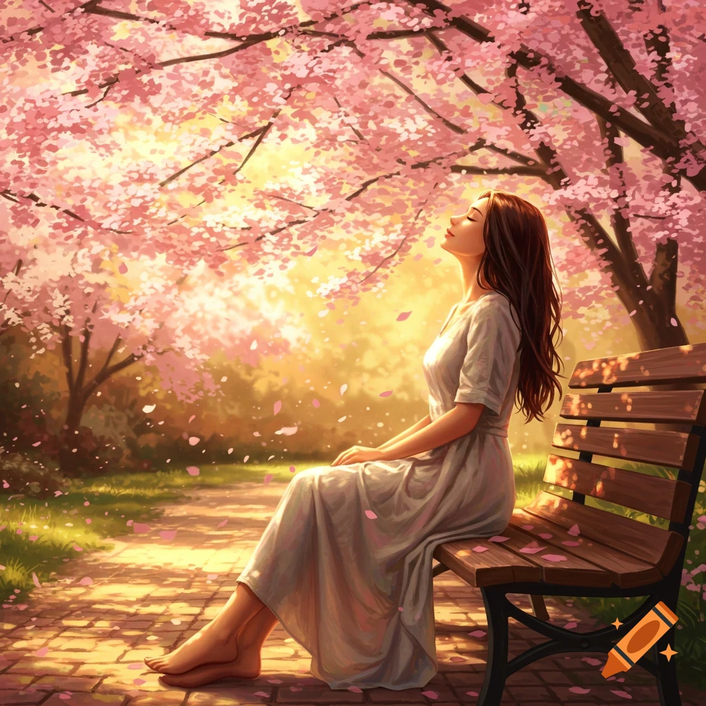 A woman with long brown hair sits barefoot on a park bench, enjoying the sunlight and falling pink cherry blossoms. Illustrative style.