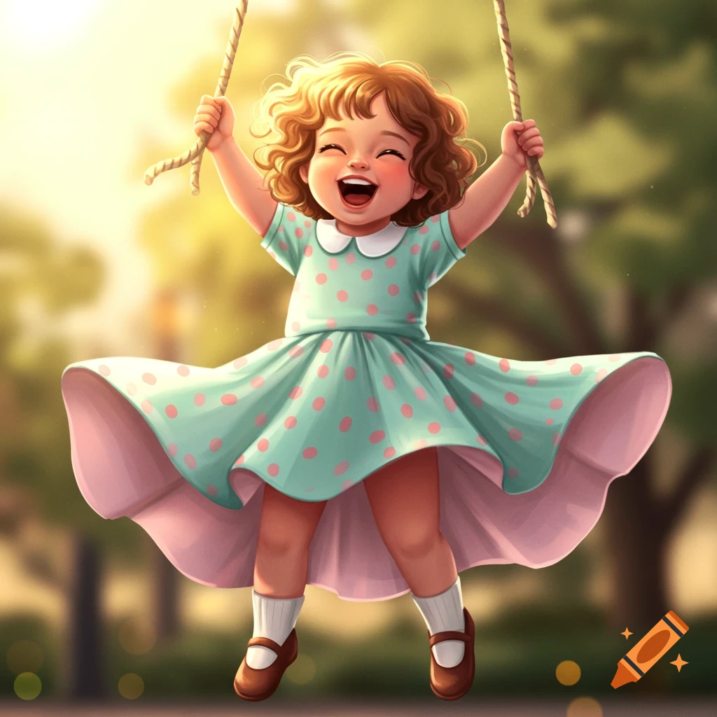 A happy cartoon toddler with curly brown hair swings, wearing a polka-dot dress, against a sunny, blurry green background.