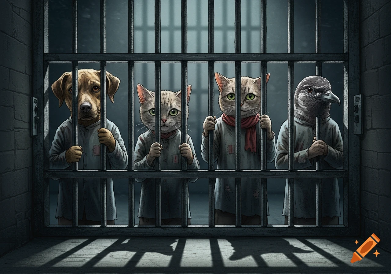 Anthropomorphic dog, two cats, and a bird in prison uniforms behind jail bars in a stylized illustration.