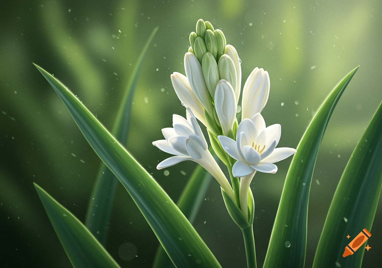 Close-up of white tuberose flowers and buds on a green stem with long green leaves, against a softly blurred green background.