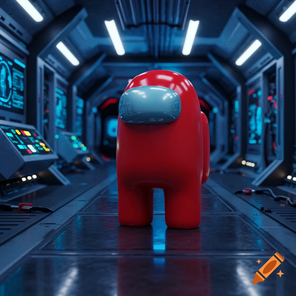 A red Among Us character stands in a dimly lit, futuristic blue and red spaceship corridor.