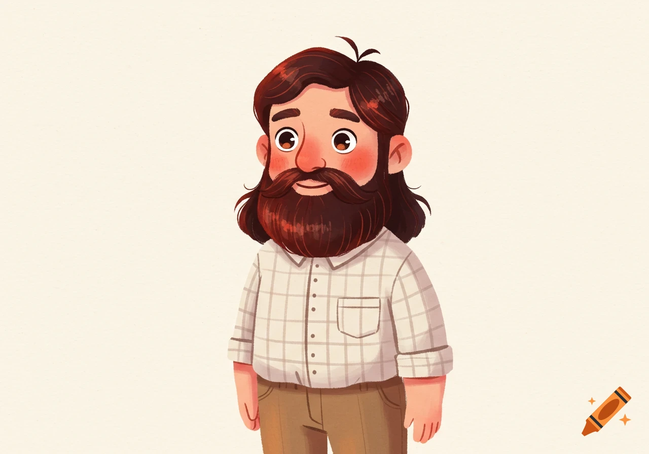A stylized illustration of a friendly lumberjack man with a full beard, dark hair, rosy cheeks, and large eyes, wearing a plaid shirt and tan pants.