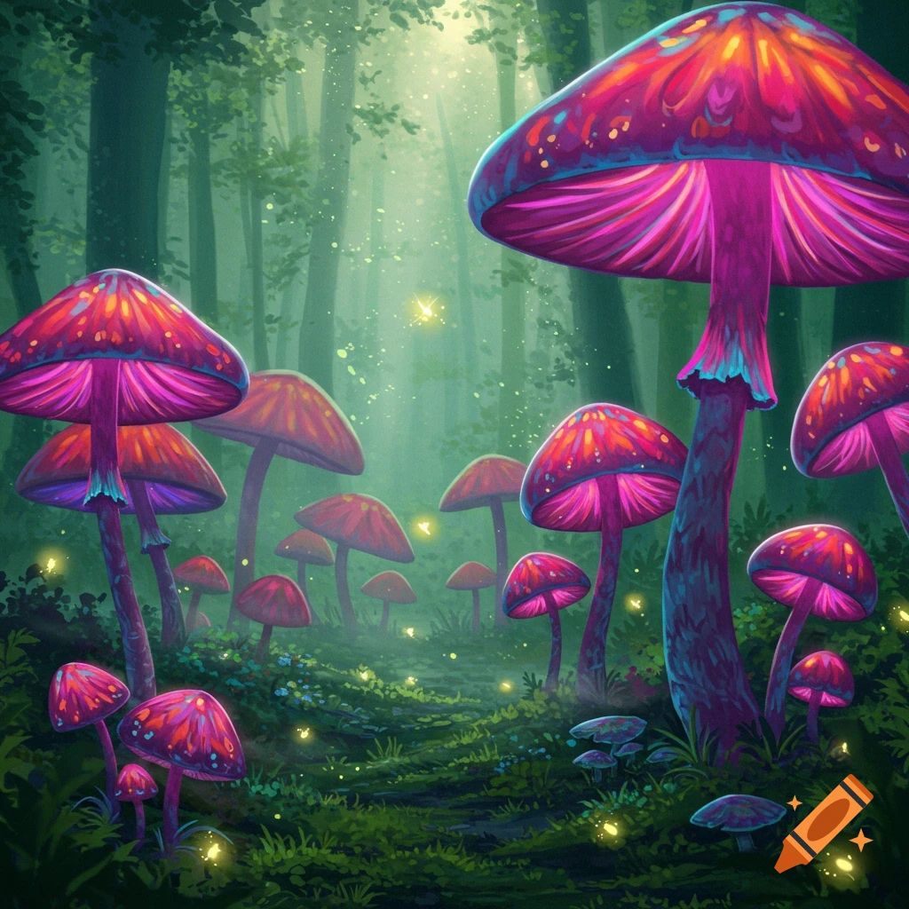 A vibrant fantasy forest scene featuring large, glowing pink and purple mushrooms, fireflies, and lush green foliage.