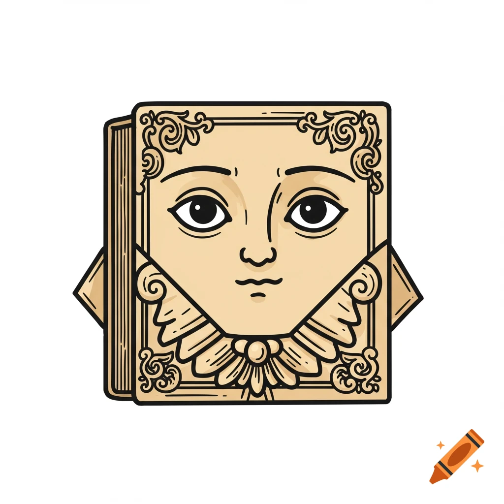 A square, book-like character with a human face in the style of a Victorian woodcut illustration, isolated on white.