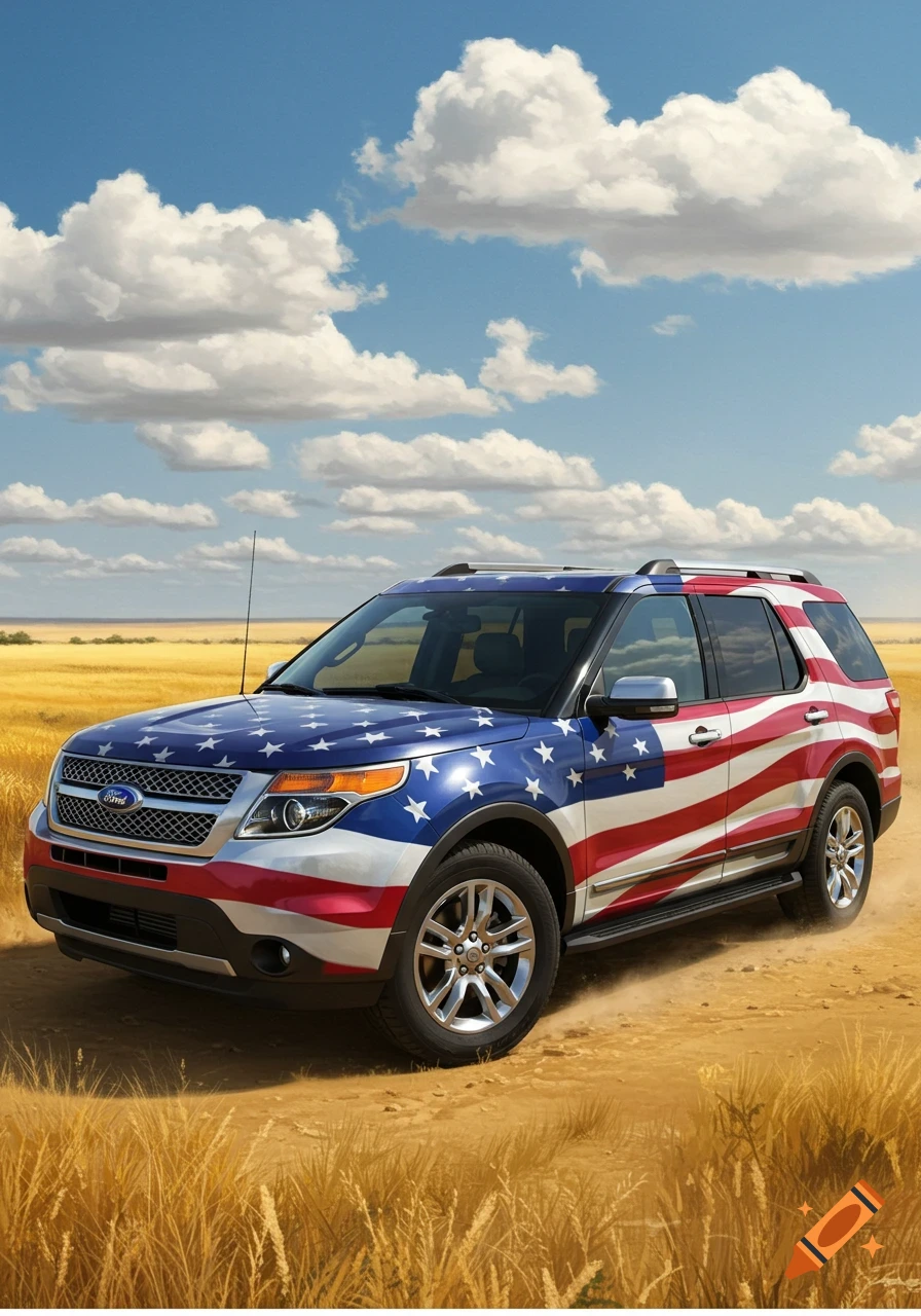 Photorealistic Ford Explorer SUV with American flag paint job in a golden field under a blue sky.