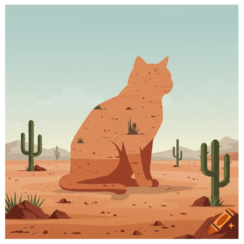 Stylized illustration of a cat silhouette filled with a desert scene, sitting in a desert with cacti.