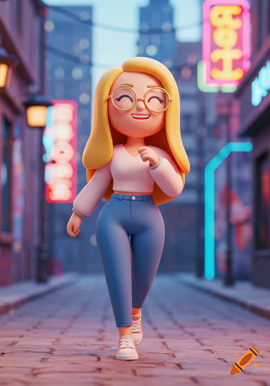 A cheerful 3D cartoon woman with blonde hair and glasses walks down a neon-lit city street at dusk.
