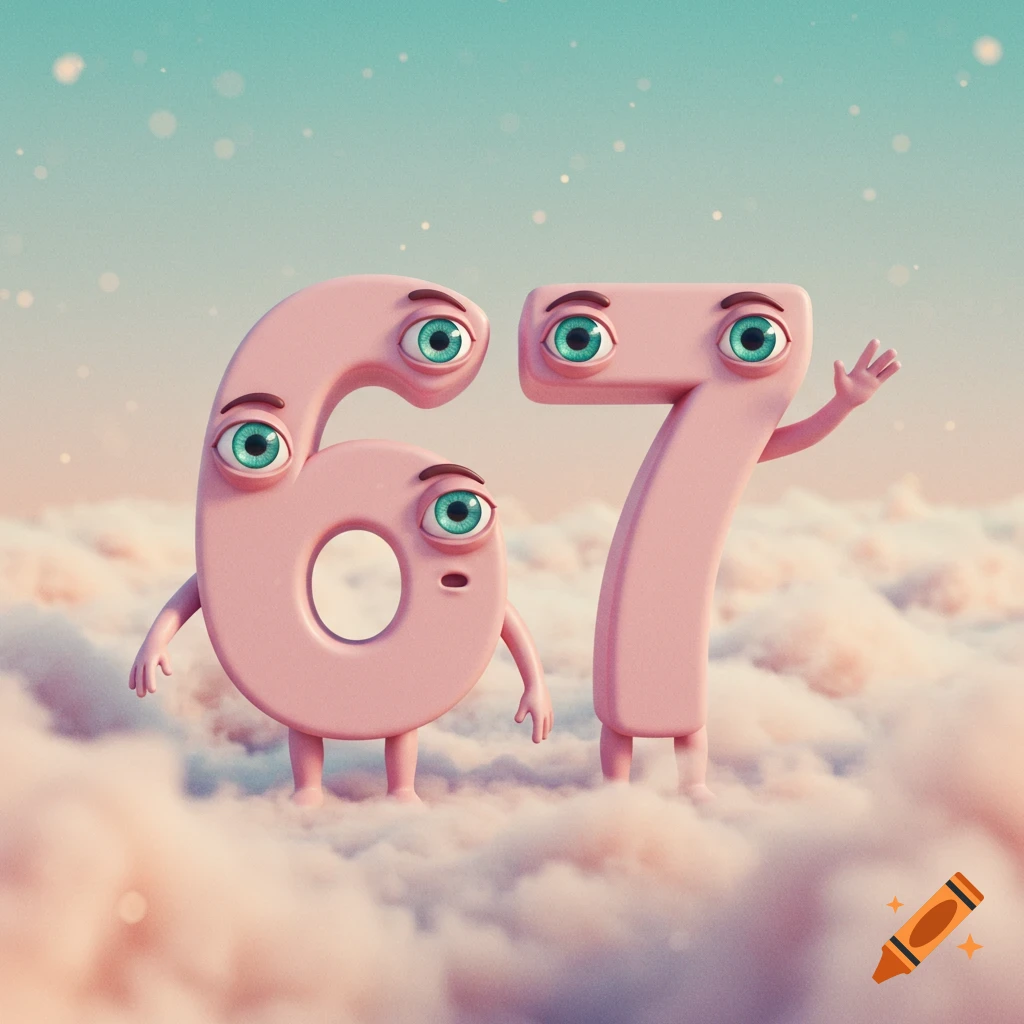 Anthropomorphic pink 3D numbers 6 and 7 with eyes and limbs stand on fluffy clouds in a blue sky.