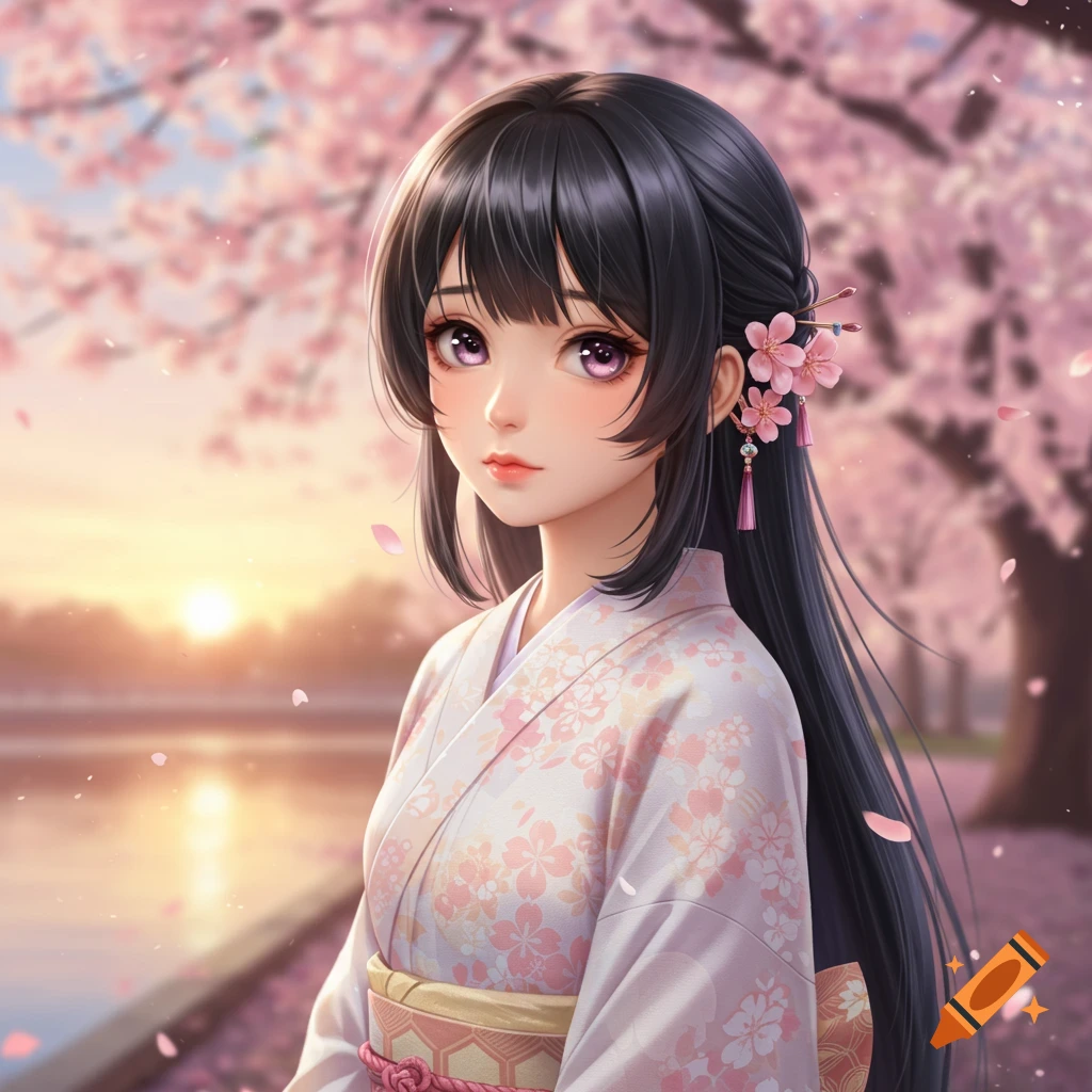 Anime portrait of a girl with long black hair and purple eyes, wearing a pink floral kimono, standing under cherry blossoms at sunset.