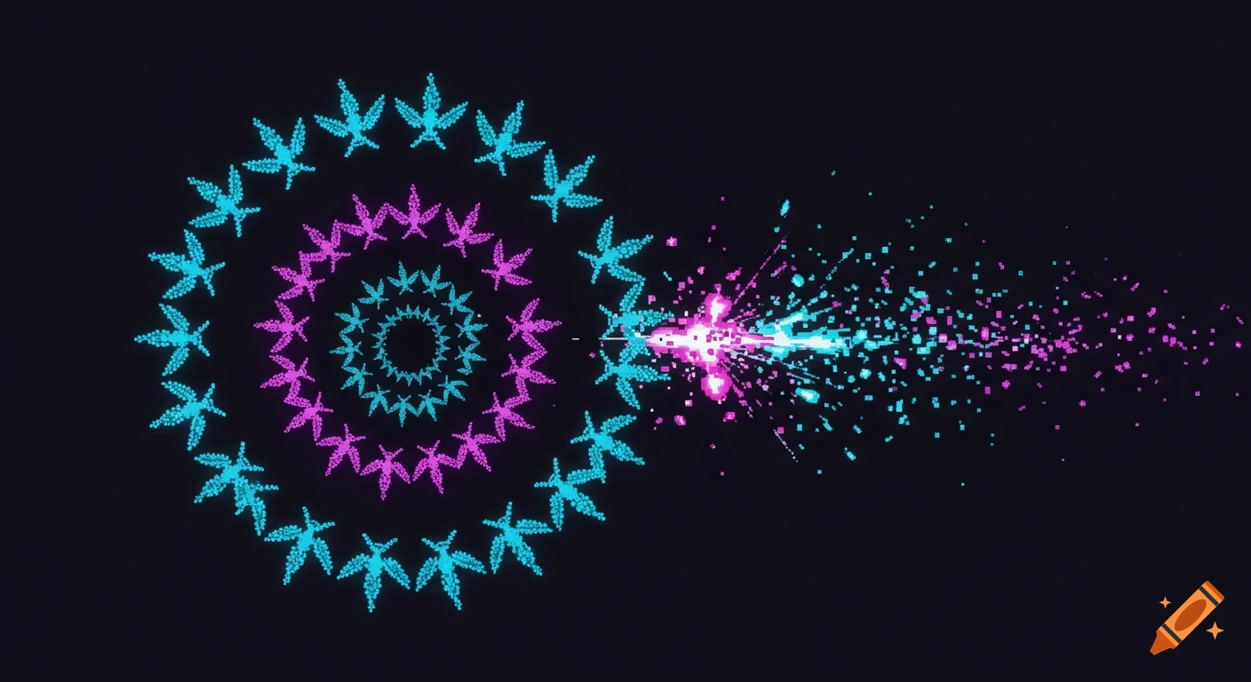 Retro pixel art spiral mandala made of glowing cyan and magenta cannabis leaves with an exploding particle trail.