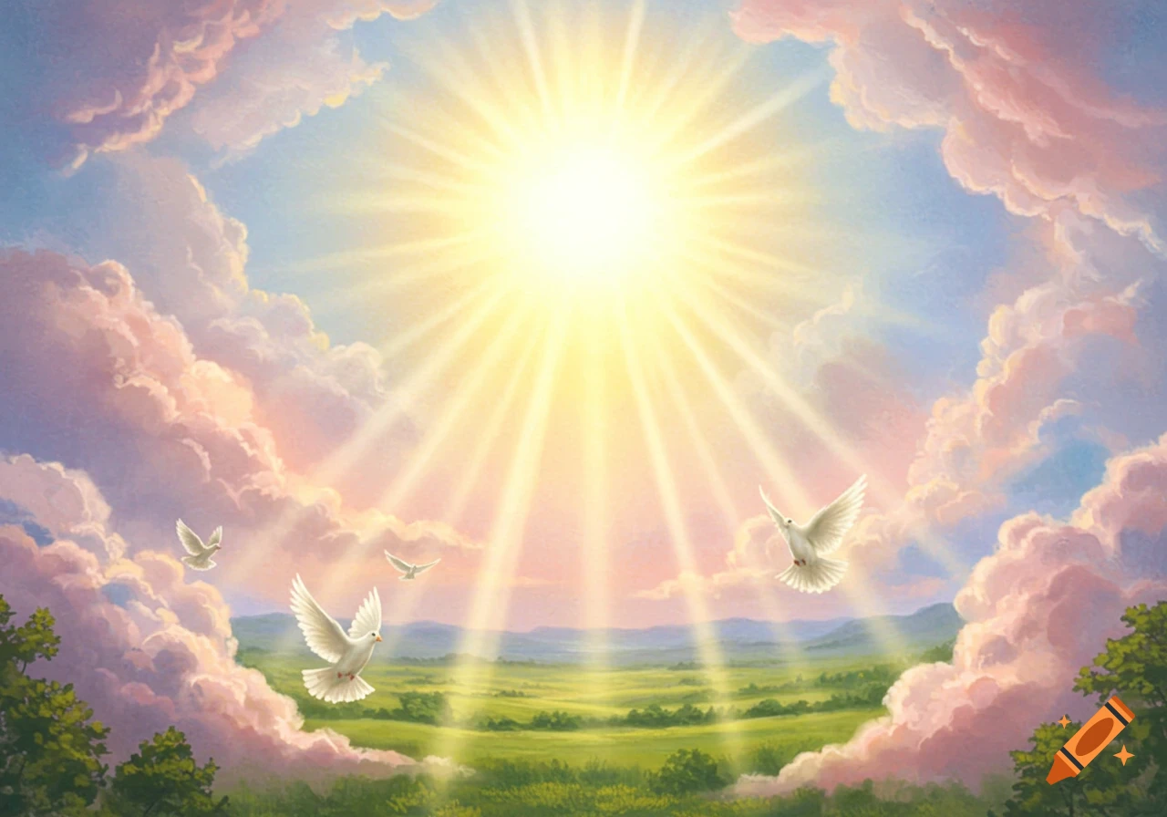 Bright sun rays break through pink and white clouds over a green landscape with white doves flying.